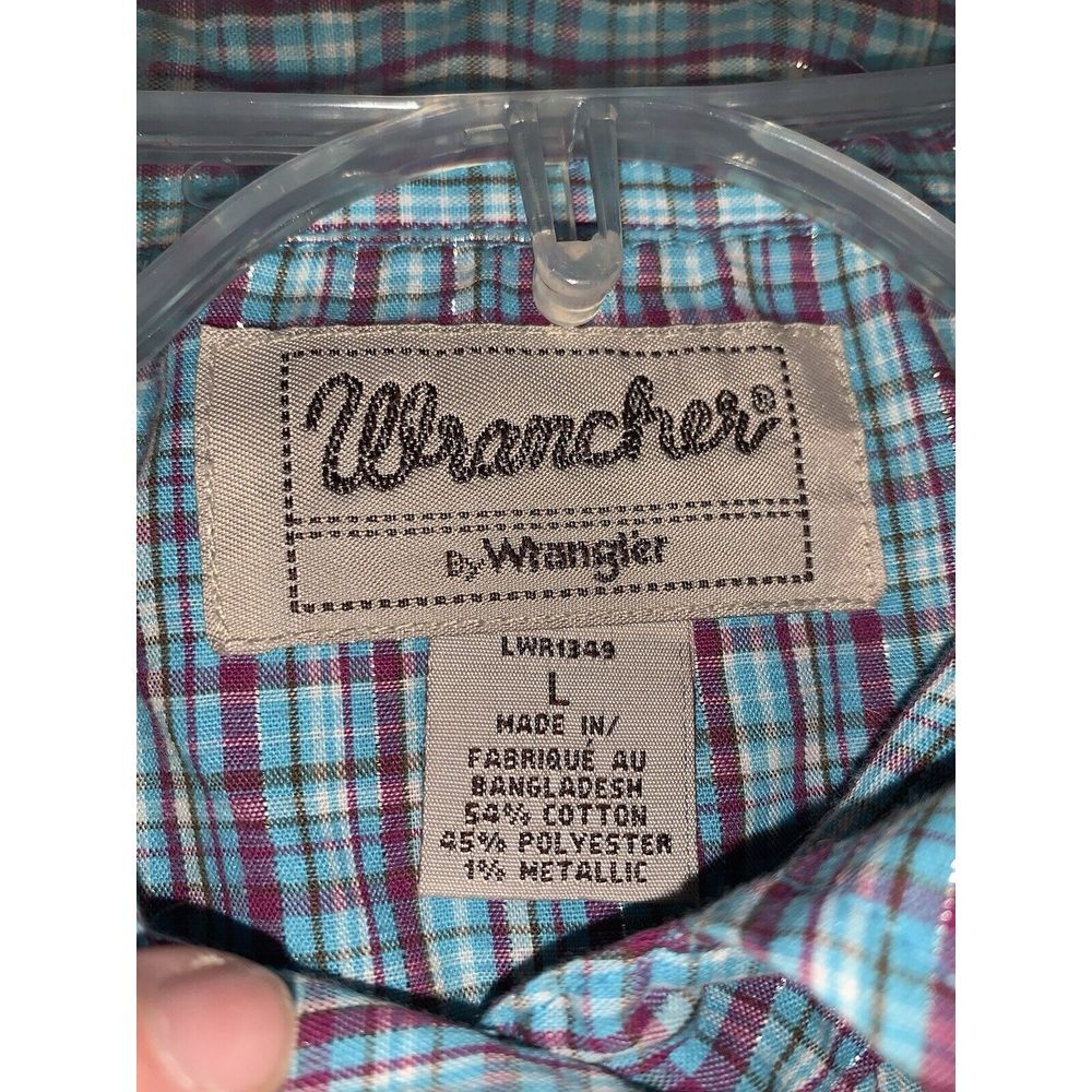 Women's L Blue Pink Sparkle plaid Wrancher Wrangler Short Sleeve Pearl Snap - Picture 3 of 16
